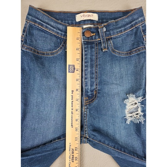 Vibrant Miu Jeans Women's Size 3 23x33 Blue Bell Bottoms Destressed High-Rise - Picture 3 of 8
